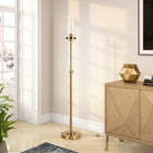 Hudson&Canal - Lampadaire Frieda 66" de haut avec abat-jour en verre - Laiton/Transparent-Une finition en laiton fabriquée à la main est appliquée sur la base ronde en métal