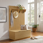 Modway Render Fluted 3-in-1 Hall Tree with Storage Bench & Coat Rack - Oak-Flip-Top Bench with Divided Storage
