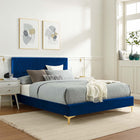 Modway Yasmine Channel Tufted Performance Velvet Full Platform Bed with Gold Metal Legs - Navy-Bed Frame Weight Capacity: 800 lbs