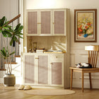 HOMCOM 71" H Kitchen Pantry Cabinet with Open Countertop Hutch - Natural Wood-Decorative rattan door panels add a boho chic touch to any room 