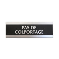 Headline No Soliciting Sign - 3" x 9" - French-Century Series Sign reads "Pas De Colportage" in silver with black background for easy visibility