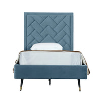 Manhattan Comfort Crosby 81.1" Modern Velvet Upholstered Twin-Size Bed - Blue-Mid-Century Modern Twin Bedframe with Headboard for Bedroom Use