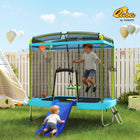 Qaba Toddler Trampoline with Slide, Swing, Basketball Hoop, Ladder and Safety Enclosure - 70" x 47" - Light Blue-A 59.8" (152 cm) high enclosure net and padded spring cover ensure child safety 