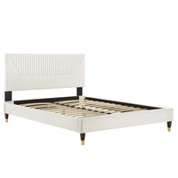 Modway - Yasmine Lit plateforme complet en velours haute performance avec capitonnage vertical et pieds en bois et Manchons en métal doré - Blanc-Lit de plateforme complet