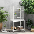 PawHut 64" Large Rolling Metal Bird Cage with Detachable Rolling Stand and Storage Shelf - White-4 sliding feeding doors for convenient feeding 