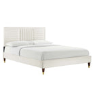 Modway Sofia Channel Tufted Performance Velvet Queen Platform Bed with Wood Legs and Gold Metal Sleeves - White-Stain-Resistant Performance Velvet