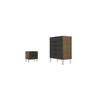 Manhattan Comfort - Rockefeller commode haute et table de chevet style milieu du siècle - nature et gris texturé - ensemble de 2-Commode haute et table de chevet Mid-Century Modern pour chambre