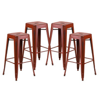 Flash Furniture Tabouret de bar pour intérieur et extérieur en métal rouge Kelly vieilli de 30 po haut. sans dossier-Ensemble de 4 tabourets modernes empilables de style industriel