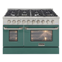 Kucht - 48 po Série KDF Cuisinière Pro Style au gaz naturel - Acier inoxydable/Vert-Cuisinez et pâtissez comme un professionnel grâce à deux fours séparés avec grandes fenêtres de four : le four principal en porcelaine bleue robuste offre 4,2 pi³ de capacité, tandis que le four latéral additionnel dispose de 2,5 pi³