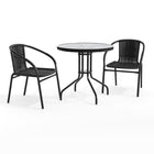 Table ronde en verre et en métal 28 po avec bordure en rotin noir et 2 chaises empilables en rotin noir (TLH-087RD-037BK2-GG)-Ensemble de table et chaises