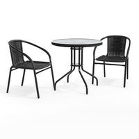 Table ronde en verre et en métal 28 po avec bordure en rotin noir et 2 chaises empilables en rotin noir (TLH-087RD-037BK2-GG)-Ensemble de table et chaises