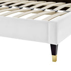 Modway Daisy Performance Velours Lit Plateforme Queen Avec Pieds en Bois et Manchons en Métal Doré - Blanc-Pieds en bois avec manchons en métal doré