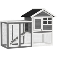 PawHut 49" Wooden Rabbit Hutch with Slant Roof and Run - Grey-Large rabbit hutch with outdoor run, ideal for rabbits, bunnies, and other small animals 