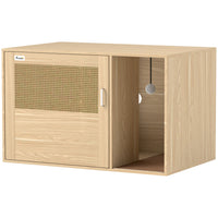 PawHut - Enclos pour bac à litière pour chat avec porte en rotin et tapis à griffer - chêne-Sert d'enceinte pour bac à litière pour chat ou de table d'appoint élégante 