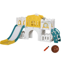 Qaba 7 in 1 Toddler Slide with Basketball Hoop, Climber, Indoor Slide Playset, Yellow-7 in 1 design offers multiple play options 