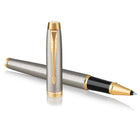 Parker IM Rollerball Pen - Brushed Metal - Fine Point - Black Ink-Brushed metal with a circular grain complemented with gold trims and the signature PARKER arrow clip