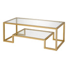 Hudson&Canal Athena 45"W Rectangular Coffee Table - Brass-Top has a weight capacity of 60 lbs, shelf can hold 40 lbs
