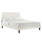 Modway Leah - Lit plateforme complet en velours haute performance à motif chevrons avec pieds effilés en bois noir - Blanc-Poutre centrale renforcée