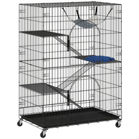 PawHut - Cage pour chat à 4 niveaux, grande enceinte pour chat en métal avec roulettes-Conception spacieuse à 4 niveaux offrant amplement d'espace pour 3 à 5 chatons pour jouer 
