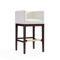 Manhattan Comfort Kingsley 21" Mid-Century Modern Faux Leather Upholstered Bar Stool - Ivory and Dark Walnut-Mid-Century Modern Barstool with Backseat Perfect for Bar and Kitchen Use