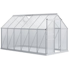 Outsunny - Serre en polycarbonate 6 pi x 4 pi x 6,6 pi avec base galvanisée, lucarne de toit réglable, porte coulissante, argent- Serre spacieuse de 6 po x 12 po x 6,5 po pour cultiver des fleurs, des légumes et des fruits  
