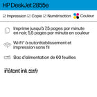 HP - Imprimante Colour InkJet tout-en-un couleur sans fil DeskJet 2855e, numériseur, copieur, idéal pour la maison - 3 mois d’encre gratuite-Impression en couleur, copie, numérisation et bac d’alimentation de 60 feuilles