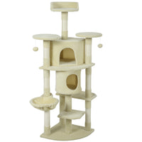 PawHut 62" H Multi-Level Cat Tree with Two Cat Condos - Beige-Includes condos, a hammock, and perches, fulfilling all play and rest needs 