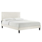 Modway Yasmine Channel Tufted Performance Velvet Queen Platform Bed with Tapered Black Wood Legs - White-Stain-Resistant Performance Velvet