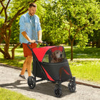 PawHut One-Click Foldable Pet Stroller with Shock Absorber - Red-2 safety leashes inside to keep your pet securely strapped in 