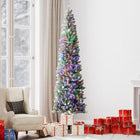 HOMCOM 9' Snow-Flocked Pencil Artificial Christmas Tree with Remote - Green-Artificial snow spray creates a festive, wintry appearance 