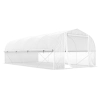 Outsunny - serre tunnel 19,5 pi x 10 pi x 7,5 pi avec grandes fenêtres en maille et 3 portes enroulables-Porte, parois latérales et fenêtres à fermeture éclair enroulable pour améliorer la circulation de l'air et l'accès  
