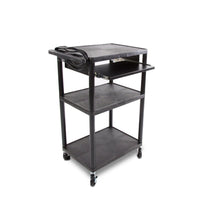 Luxor - Chariot plat en résine à 3 tablettes - 24" x 18" - avec tablette coulissante avant et prise électrique - capacité 400 lb - noir-Chariot utilitaire polyvalent, idéal pour l’équipement audio/vidéo et plus encore