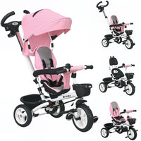 Qaba - Tricycle 6 en 1 pour tout-petits avec poignée de poussée parentale - rose-Le 6-en-1 Trick offre plusieurs options de conduite : poussette, tricycle à direction, tricycle d'apprentissage et tricycle classique 