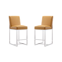 Manhattan Comfort Element 16.34" Modern Faux Leather Upholstered Counter Stool - Camel and Polished Chrome - 2 Pack-Mid-Century Modern Counter Stool with Backseat Perfect for Bar and Kitchen Use. Set of 2