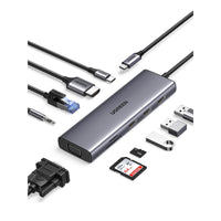 UGREEN - Hub USB-C Revodok 10 en 1 pour deux écrans-Connectivité complète : La station comprend plusieurs options de sortie, dont 3 ports USB 3.0 de type A, HDMI, VGA, Ethernet RJ45, fentes pour cartes SD/TF, une prise audio 3,5 mm, ainsi qu’un port d’alimentation PD. Tout ce qu’il vous faut pour améliorer la connectivité de votre appareil.