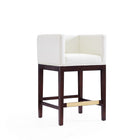 Manhattan Comfort Kingsley 21" Mid-Century Modern Faux Leather Upholstered Counter Stool - Ivory and Dark Walnut - 3 Pack-Square Tight Back and Arm Design