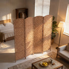 HOMCOM 4 Panels Hand-Woven Freestanding Room Divider for Home Office - Natural-Solid poplar wood with X-shape farmhouse patterns for solidness and a rustic feeling

