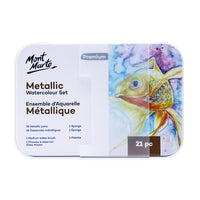Mont Marte - Coffret de 21 pièces de peinture aquarelle métallisée en boîte métallique - Métallisée-18 peintures aquarelles métalliques créent des effets réfléchissants qui apparaissent aussi bien sur papier blanc que noir