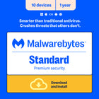 Malwarebytes Standard Premium Security for Windows, MacOS, Android, iOS, Chrome - 10 Devices - 1 Year Subscription [Digital Download]-Valid email address must be provided at checkout