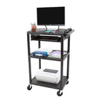 Luxor - Chariot plat en résine à 3 tablettes - 24" x 18" - avec tablette coulissante avant et prise électrique - capacité 400 lb - noir-Étagères moulées en plastique recyclé qui ne se rayent pas, ne se bossent pas, ne rouillent pas et ne se tachent pas