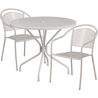 Table de jardin ronde de 35,25 po en acier gris pâle et 2 chaises au dossier rond, intérieur/extérieur [CO-35RD-03CHR2-SIL-GG]-Ensemble comprenant 1 table et 2 chaises