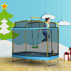 Qaba 3 In 1 Mini Trampoline with Safety Net, Gymnastics Bar, Swing - Light Blue-A 360-degree enclosure net ensures a safe and secure jumping experience for kids 