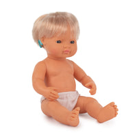 Miniland Educational - Poupée bébé fille caucasienne avec appareil auditif 15 po - Dans un sac en polyéthylène-Poupée ayant des besoins spéciaux