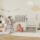 Qaba - Toboggan 7-en-1 pour tout-petits avec maisonnette et panier de basket pour jeu intérieur - gris-La conception du toboggan lisse offre une descente sûre et palpitante pour les enfants 