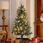 HOMCOM 5' Pre-Lit Artificial Christmas Tree with LEDs and Decorations - Green-Provide with MERRY CHRISTMAS ribbon, top star, pine cones and decorative balls 