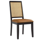 Modway - Arlo Cuir végétalien rembourré en faux rotin et bois Fauteuils d’accompagnement à manger Ensemble de 2 - Black Natural Tan-Glissements au pied sans marquer