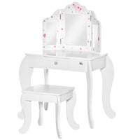 Qaba - Coiffeuse pour enfant avec miroir et tabouret pliables en trois parties - Motif étoiles et cœurs - Blanc-Colour: White 