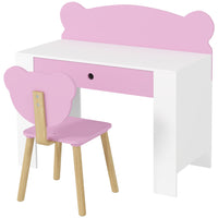 Qaba Kids Study Table and Chair Set with Storage Drawer - Bear Design - Pink-Multipurpose desk and chair set for various activities 