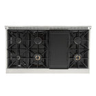 Kucht 48" KNG Series Pro Style Propane Gas Range - Stainless Steel/Green-Matching the power of professional kitchens, this top-of-the-line model boasts two separate ovens: a 30-inch convection oven delivering 22,000 BTU with a 10,000 BTU tube burner, and an 18-inch oven providing 15,000 BTU