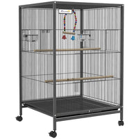 PawHut 31" H Rolling Bird Cage with 5 Doors, Swing, Stainless Steel Bowls and Removable Tray - Grey-Spacious living area, suitable for finches, canaries, lovebirds, budgies, and more 